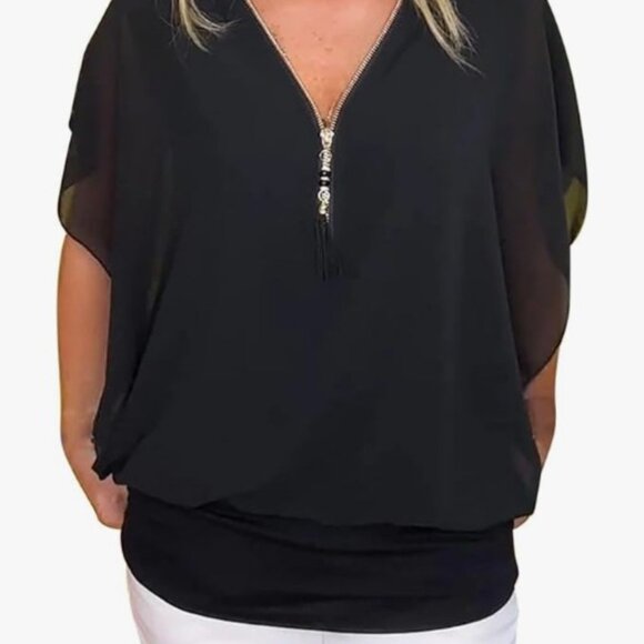 Plus Size Tops for Women Solid Short Sleeve V-Neck Pullover Chiffon Blouse - Picture 1 of 6